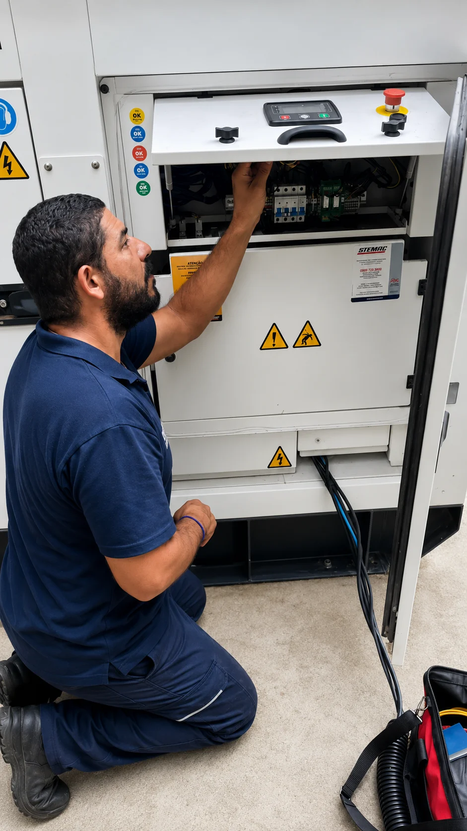 Técnico WM verificando painel elétrico de gerador